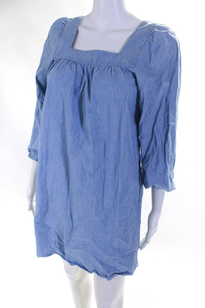 J Crew Womens Cotton Square Neck Bubble Sleeve Pocket Shift Dress Blue Size XS