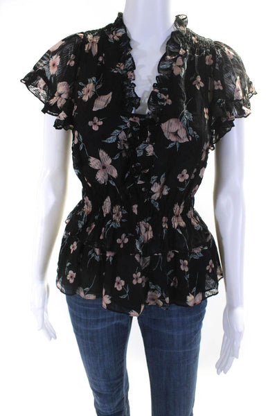 Rebecca Taylor Womens Silk Mesh Floral Ruffle Short Sleeve Blouse Top Size XS