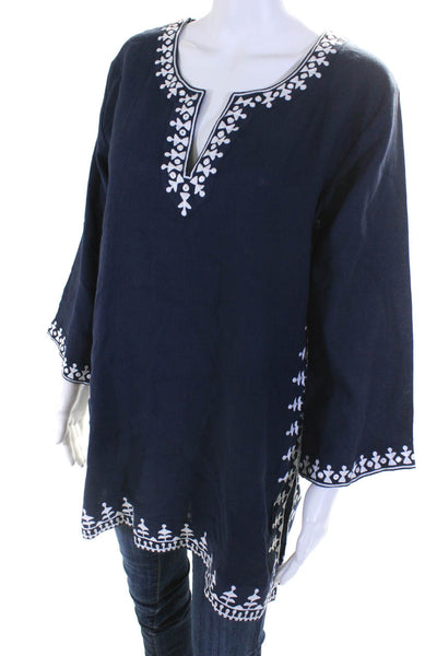 Sulu Collection Womens Embroidered Y Neck Tunic Blouse Navy Linen Cotton Size 10