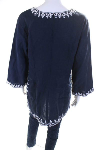 Sulu Collection Womens Embroidered Y Neck Tunic Blouse Navy Linen Cotton Size 10