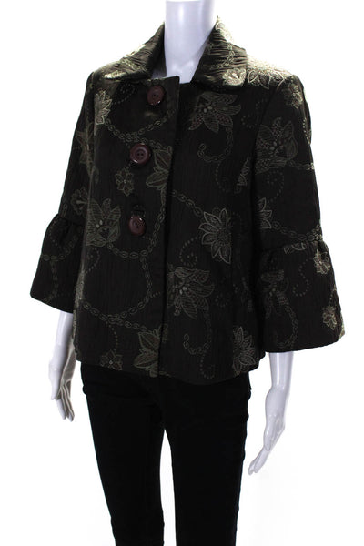 Trevan Women's Collar Bell Sleeves Line Button Down Jacket Floral Size 8