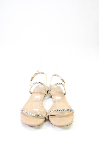 Larroude Women Rhinestone Open Toe Ankle Strap Flats Sandals Beige Size 7.5