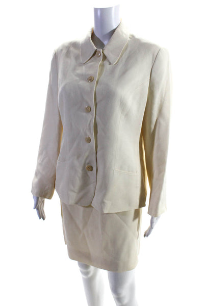 Calvin Klein Womens Silk Buttoned Darted Collared Blazer Skirt Set Cream Size 12