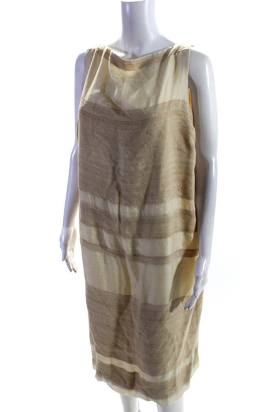 Bill Blass Womens Striped Backless Sleeveless Zipped Shift Dress Tan Size 14