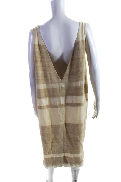 Bill Blass Womens Striped Backless Sleeveless Zipped Shift Dress Tan Size 14