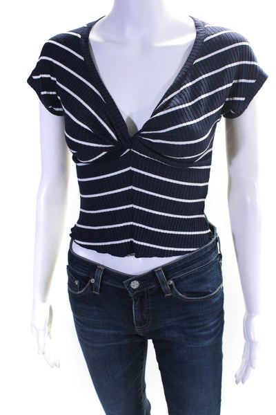 ALC Womens Striped Short Sleeved Tied V Neck Crop Top Navy Blue White Size S