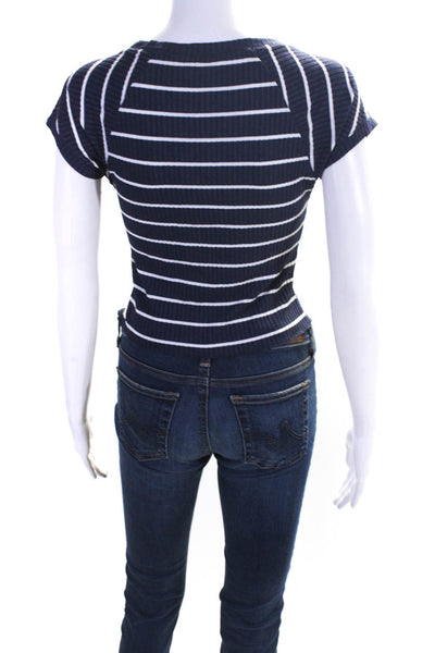 ALC Womens Striped Short Sleeved Tied V Neck Crop Top Navy Blue White Size S