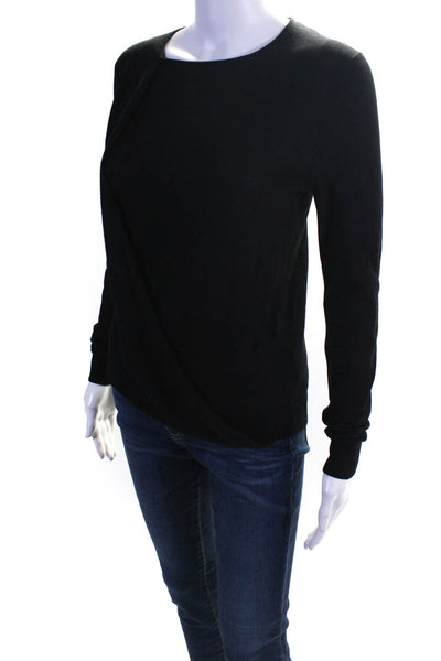 Theory Womens Long Sleeved Draped Front Thin Knit Round Neck Top Black Size S