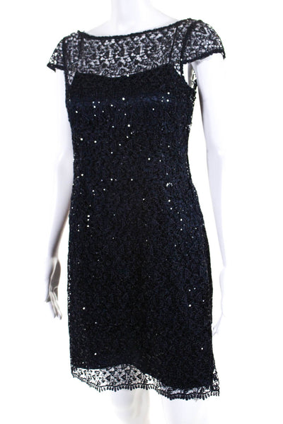 Kay Unger Womens Woven Sequined Short Sleeves Dress Navy Blue Size 4