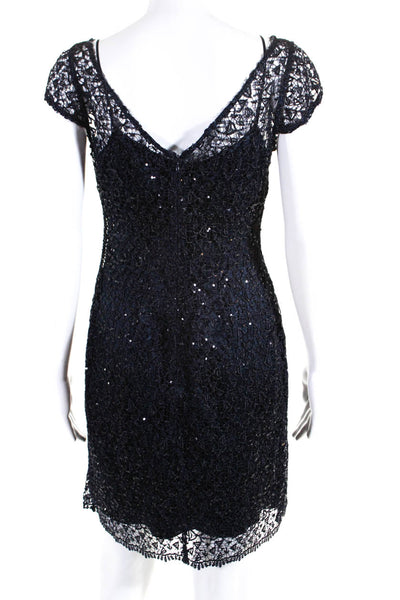 Kay Unger Womens Woven Sequined Short Sleeves Dress Navy Blue Size 4