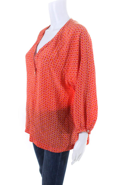 Joie Womens 100% Silk Paisley Long Sleeved Buttoned V Neck Blouse Orange Size M