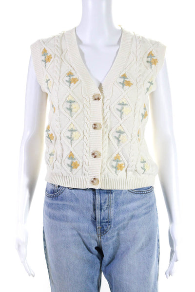 Heartloom Women's V-Neck Sleeveless Embroidered Cable Knit Sweater Ivory Size S