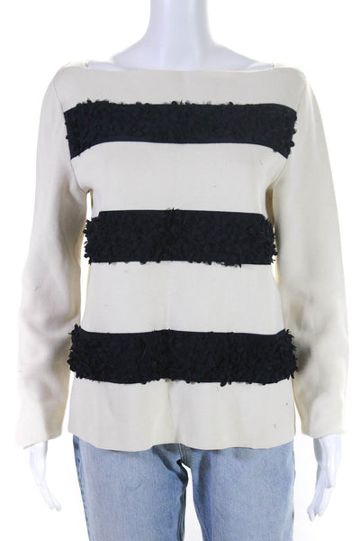 Tory Burch Womens Square Neck Long Sleeve Textured Striped Sweater Cream Size M