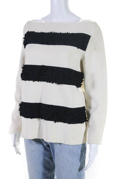 Tory Burch Womens Square Neck Long Sleeve Textured Striped Sweater Cream Size M