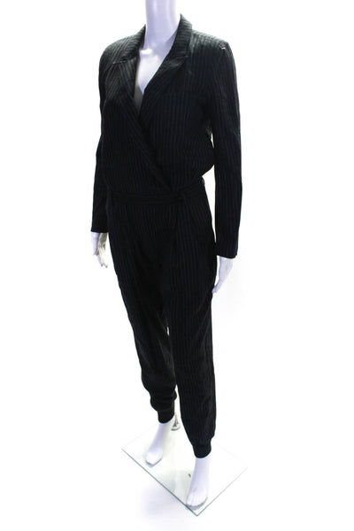 Band Of Outsiders Women's Collar Long Sleeves V-Neck Pinstripe Jumpsuit Black Si