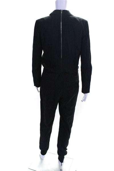 Band Of Outsiders Women's Collar Long Sleeves V-Neck Pinstripe Jumpsuit Black Si