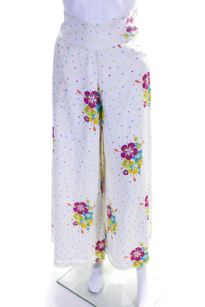 Mochi Women's Silk Floral Print Wide Leg Pants White Size M