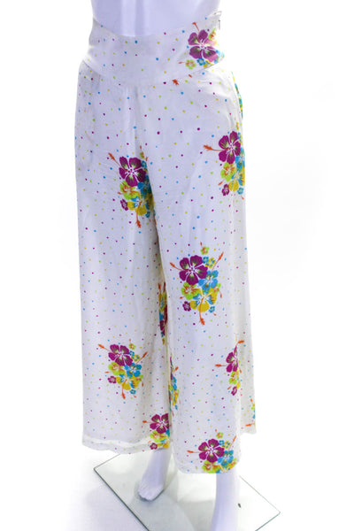 Mochi Women's Silk Floral Print Wide Leg Pants White Size M