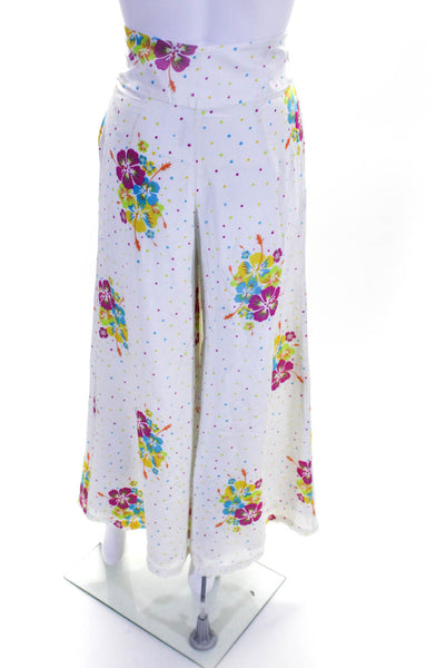 Mochi Women's Silk Floral Print Wide Leg Pants White Size M