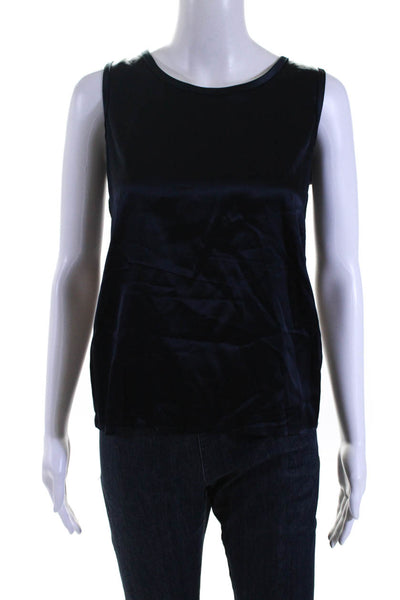 Elie Tahari Womens Navy Satin Silk Boat Neck Sleeveless Tank Blouse Top Size XS