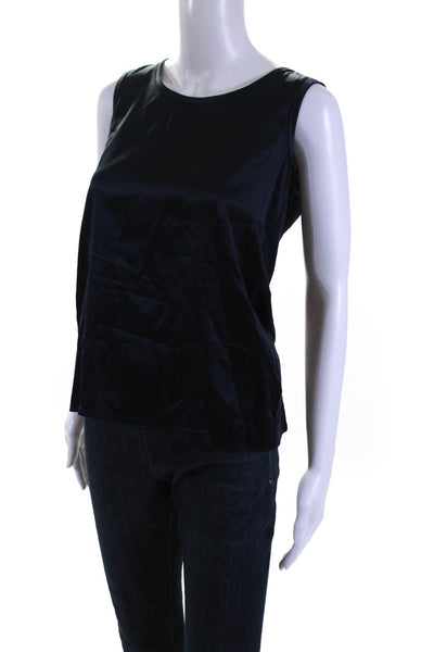 Elie Tahari Womens Navy Satin Silk Boat Neck Sleeveless Tank Blouse Top Size XS