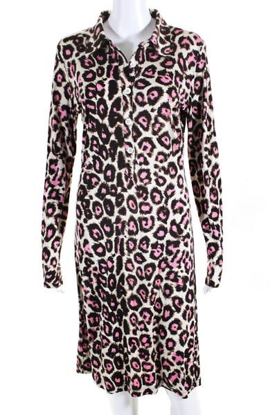 Pink Tartan Womens Leopard Print Button Midi Shirt Dress Brown Pink Cream Size M