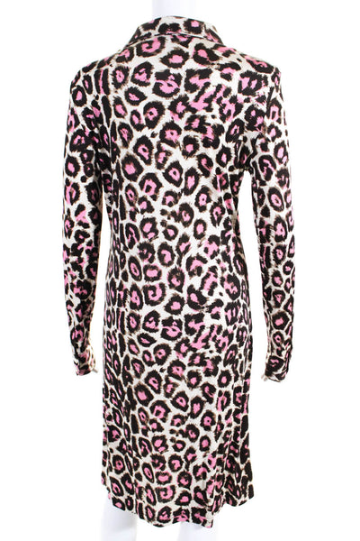 Pink Tartan Womens Leopard Print Button Midi Shirt Dress Brown Pink Cream Size M