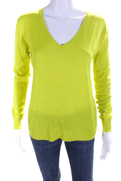 Equipment Femme Womens Silk Ribbed V-Neck Long Sleeve Sweater Top Green Size S