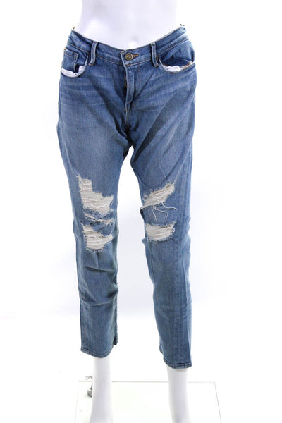 Frame Denim Womens Cotton Distressed Mid Rise Tapered Jeans Pants Blue Size 28