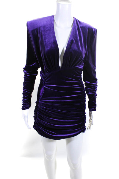 Alexandre Vauthier Womens Long Sleeve V Neck Ruched Velvet Dress Purple IT 40