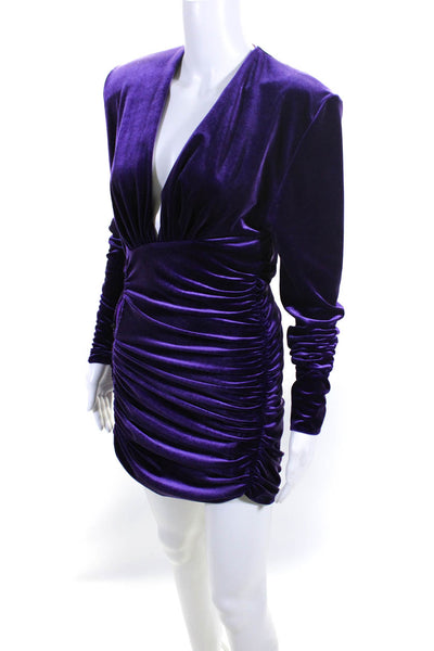 Alexandre Vauthier Womens Long Sleeve V Neck Ruched Velvet Dress Purple IT 40