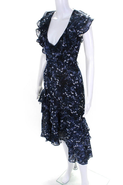 Bardot Womens Floral Chiffon V Neck Midi Sheath Dress Navy Blue Size 4