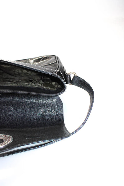 Brighton Womens Leather Silver Tone Top Stitched Shoulder Bag Black Handbag