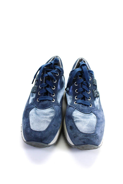 Hogan Womens Suede Satin Crystal Lace Up Low Top Sneakers Blue Size 39 9