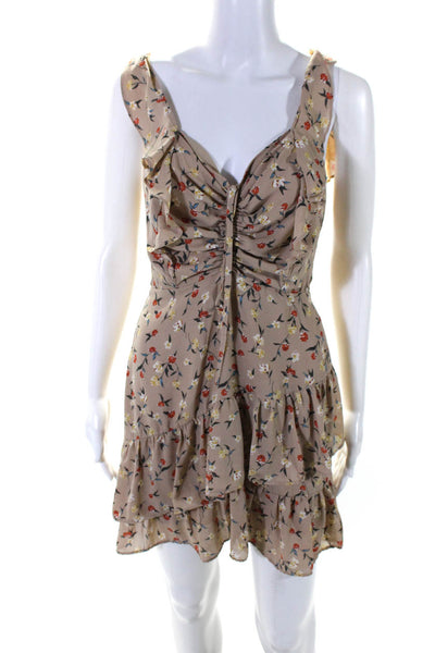 J.O.A. Women's Floral Print Drawstring Ruffle Trim Mini Dress Beige Size S