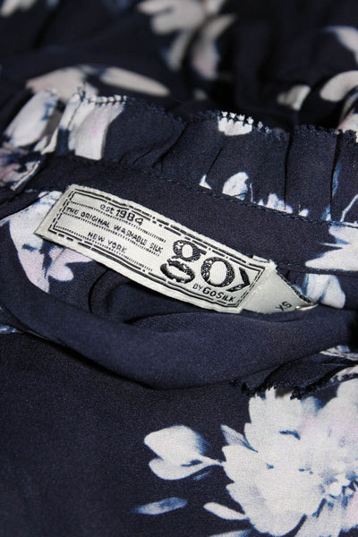 Go By GoSilk Women's Silk Floral Print Ruffle Collar Blouse Blue Size XS