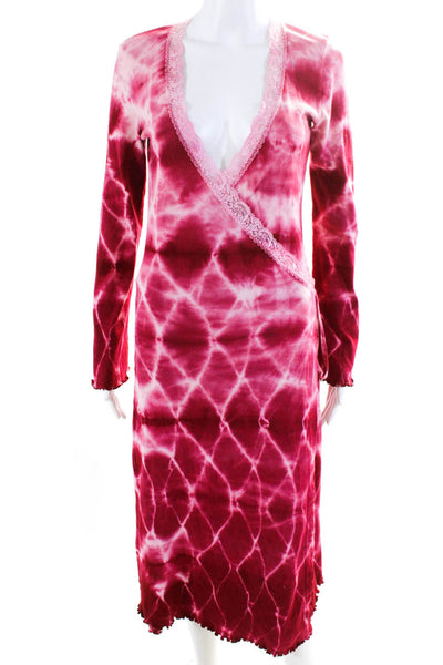 Yemee Womens Long Sleeve V Neck Tie Dyed Wrap Dress Pink Cotton Size Medium