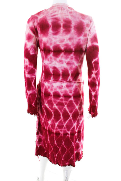 Yemee Womens Long Sleeve V Neck Tie Dyed Wrap Dress Pink Cotton Size Medium