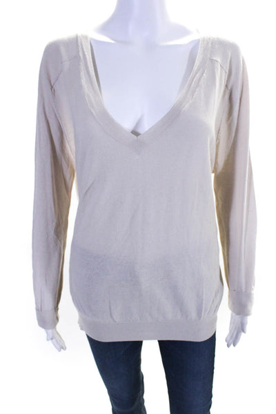 T Alexander Wang Womens Long Sleeve V Neck Knit Sweatshirt Beige Cotton Large