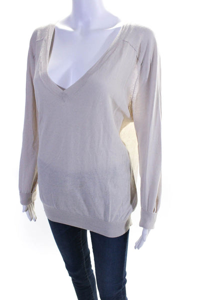 T Alexander Wang Womens Long Sleeve V Neck Knit Sweatshirt Beige Cotton Large