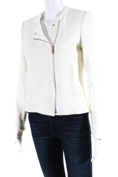 Karl Lagerfeld Womens Cotton Fringed Crew Neck Zip Front Jacket White Size 2