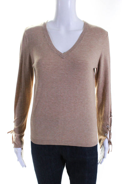 Minnie Rose Womens Laced Sleeve Thin Knit V Neck Sweater Brown Size Small