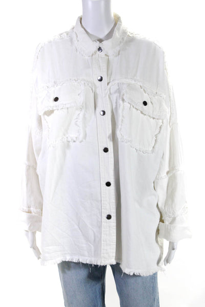 Elan Womens Button Front Collared Fringe Jean Jacket White Cotton Size Large