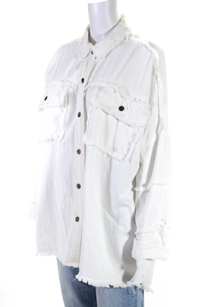 Elan Womens Button Front Collared Fringe Jean Jacket White Cotton Size Large