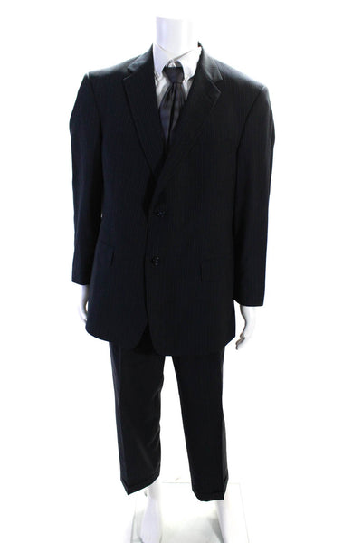 Society Brand Mens Two Button Notched Lapel Pinstriped Suit Navy Blue Size 44R