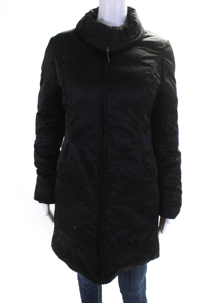 Via Spiga Womens Long Full Zip Collared Satin Coat Jacket Black Size Small