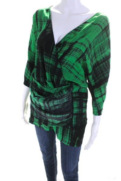 Thakoon Womens Green Silk Printed V-Neck 3/4 Sleeve Tunic Blouse Top Size 0