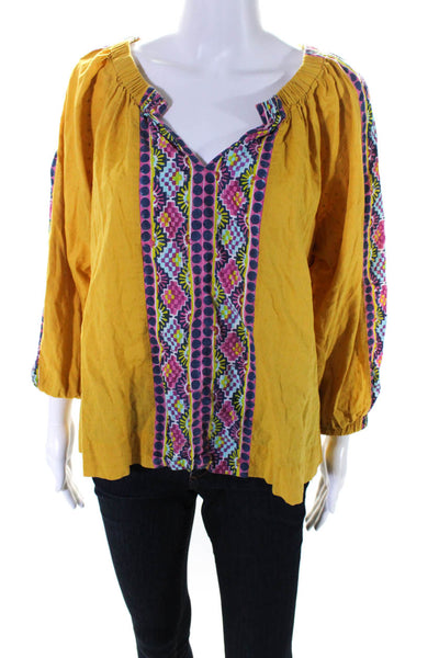 Roller Rabbit Womens 3/4 Sleeve Off Shoulder Printed Trim Shirt Yellow Size XS/S