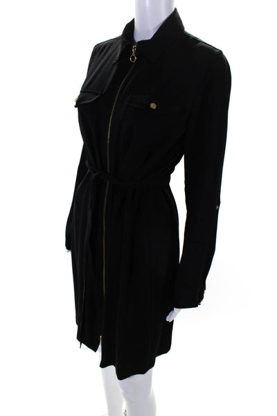 Calvin Klein Womens Belted Collared Long Sleeve Zip Up Dress Black Size 8