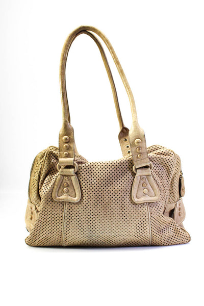 David & Scotti Womens Rolled Handle Perforated Leather Tote Handbag Beige